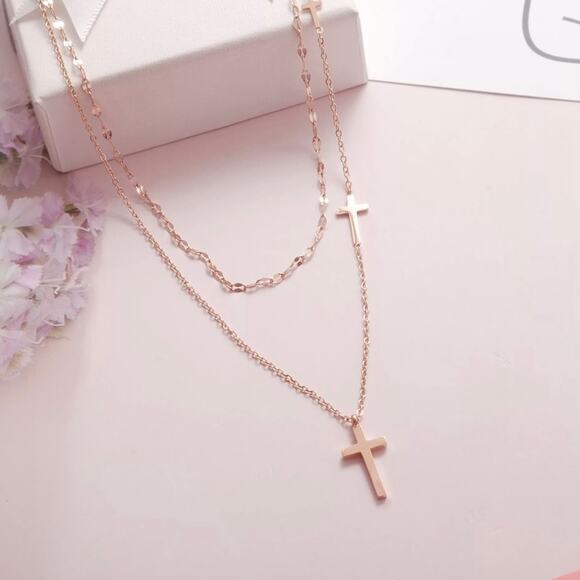 18K yellow gold plated triple cross double layer necklace jewelry B20 - Picture 4 of 6
